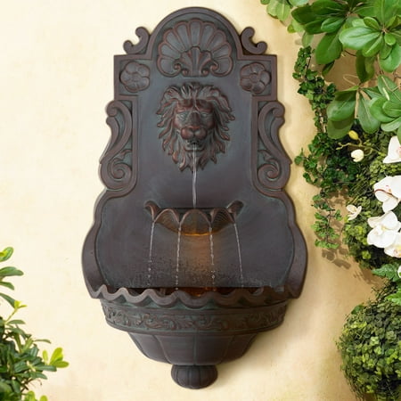 John Timberland Roman Outdoor Wall Water Fountain with Light 31 1/2 High Lion Head 2 Tiered for Yard Garden Patio Deck Home
