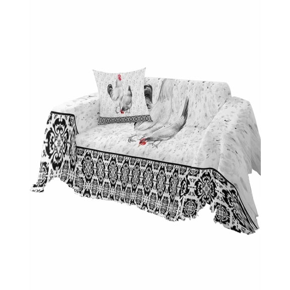 Retro Rural Sofa Couch Covers for Dog,Washable Sectional Couch Slipcovers for Loveseat with Tassels,Farmhouse Rooster Hen Floral Black White Boho Non Slip Sofa Throw Cover Blanket Large 71''x102''