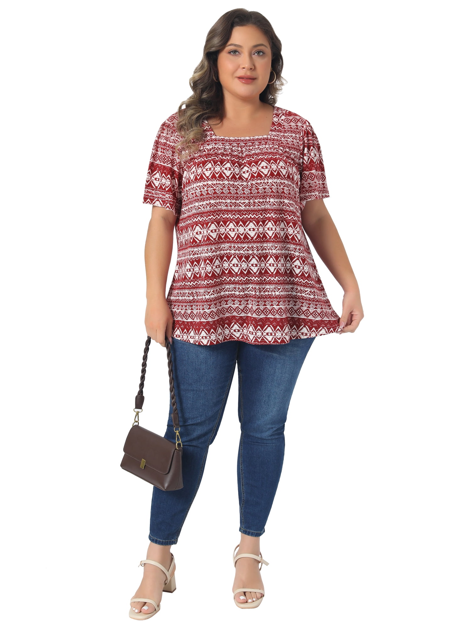 DARING DIVA Women's Plus Square Neck Boho Print T Shirt Blouse Casual 3X Red