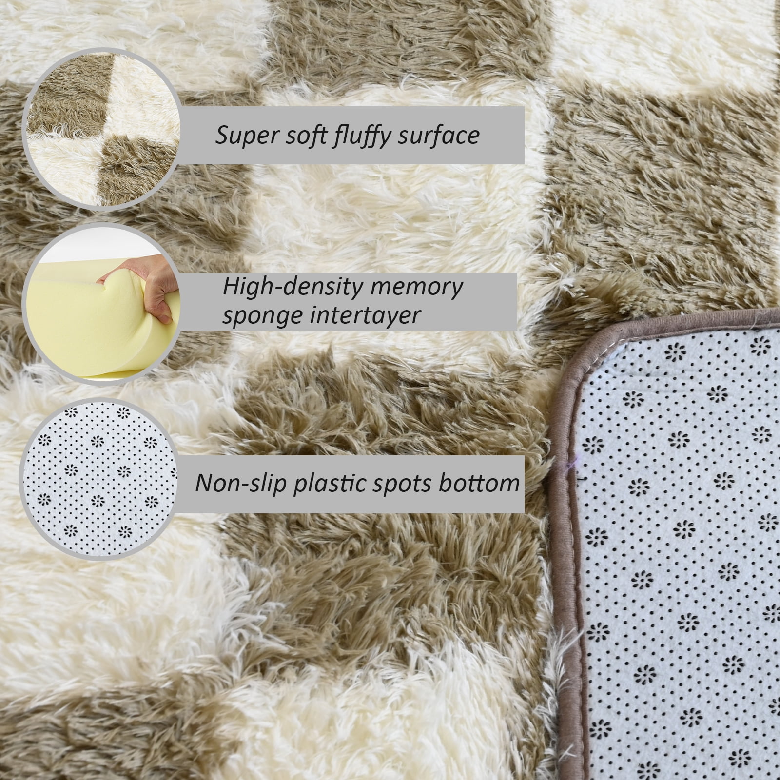 Pentantan 8ft x 10ft Shag Area Rugs for Living Room, Classic Checkered Fluffy Bedroom Carpet, Beige & White