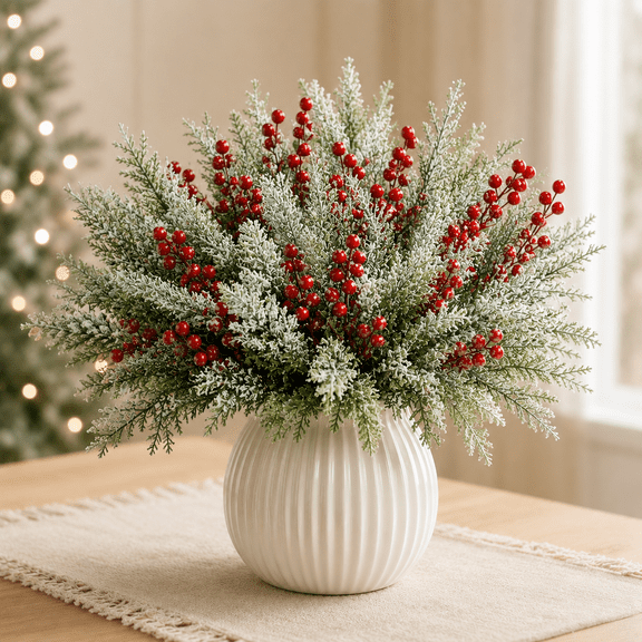 35 PCS Artificial Christmas Pine Branches and Red Berry Stems, 25 Snowy 10 Inch Greenery Picks and 10 Berry 7 Inch Sprays for Vase Decor