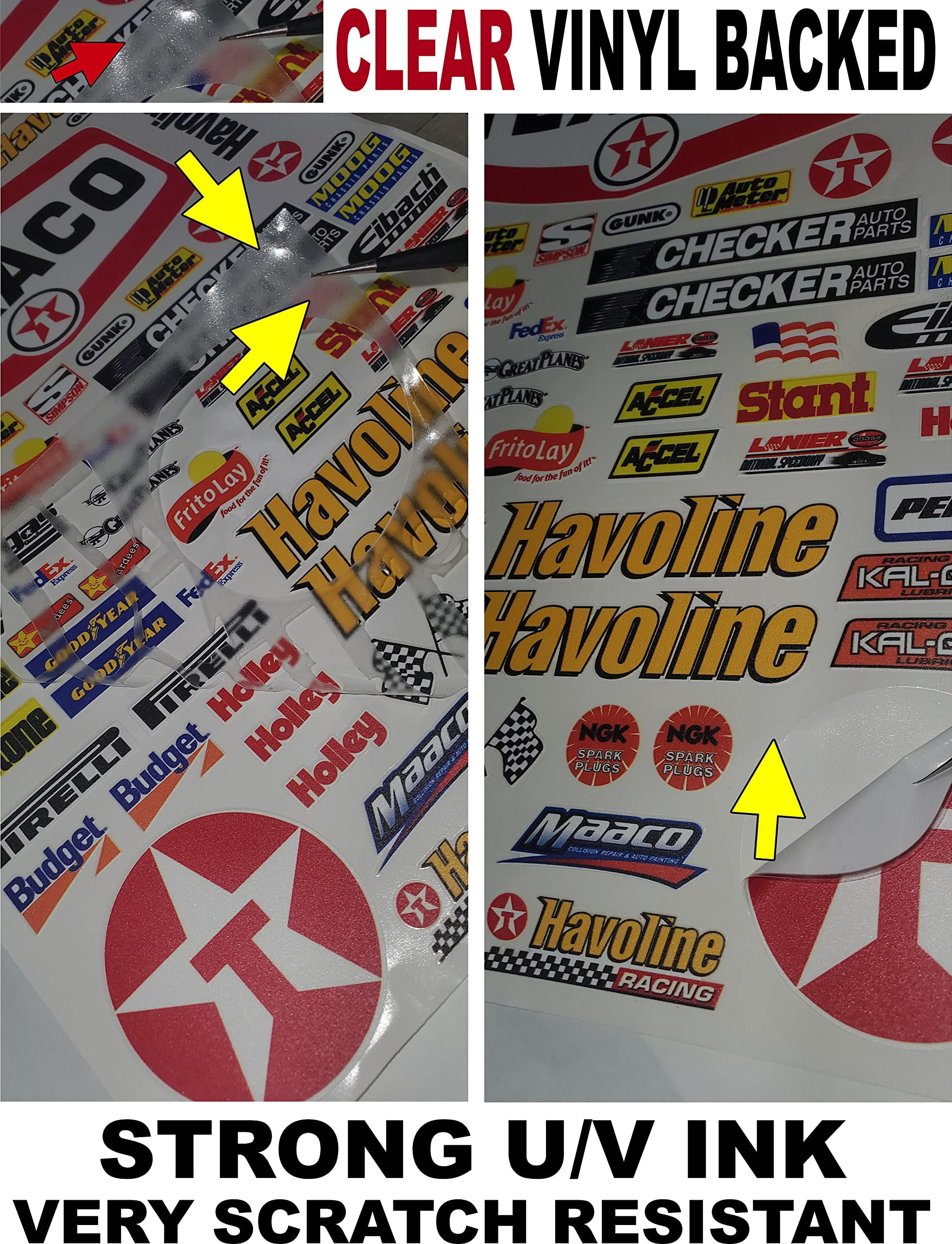 Clear Vinyl R/C Racing Sponsor Sticker Gang Sheet 15-1/4-1/5 � 1/6th Scale Model Decal Sticker Sheet Radio Control Lexan Body � Die-Cut to Shape - Peel & Stick � Water Slide - Bull - Drinks