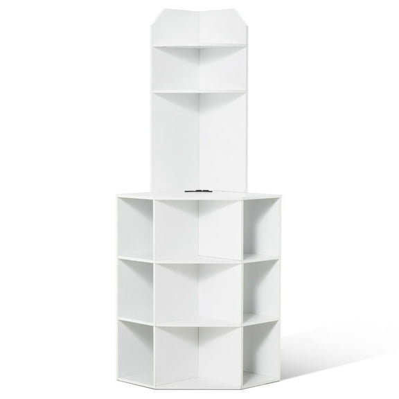 Space-Saving 64" White Corner Cabinet with USB Charging Station, 4 Adjustable Shelves, Multi-Purpose Storage