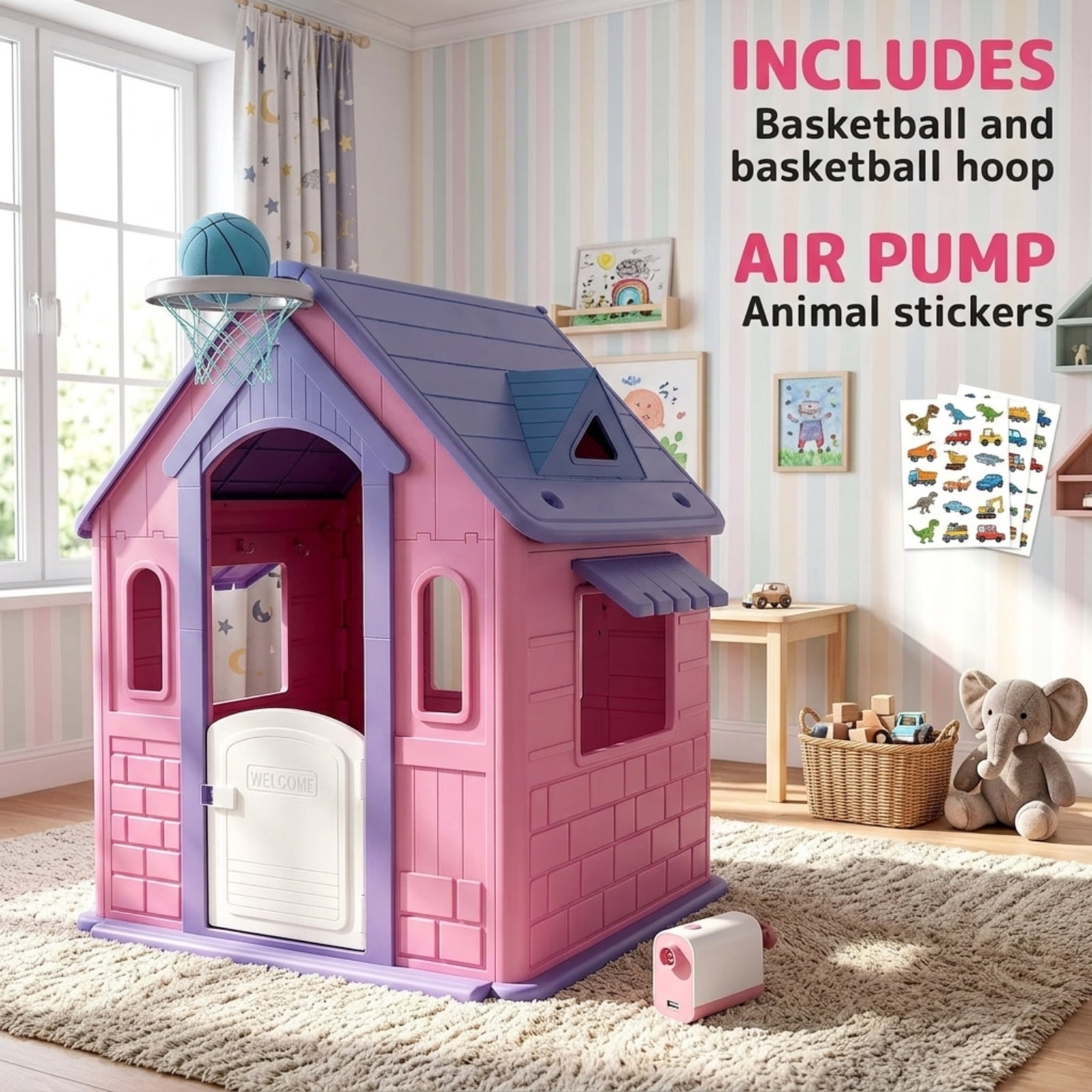 Fenbeli Kids Playhouse with Basketball Hoop, DIY Animal Stickers & Air Pump, Indoor Outdoor Activity Playhouse for Toddlers, Gift for Girls Boys, Pink