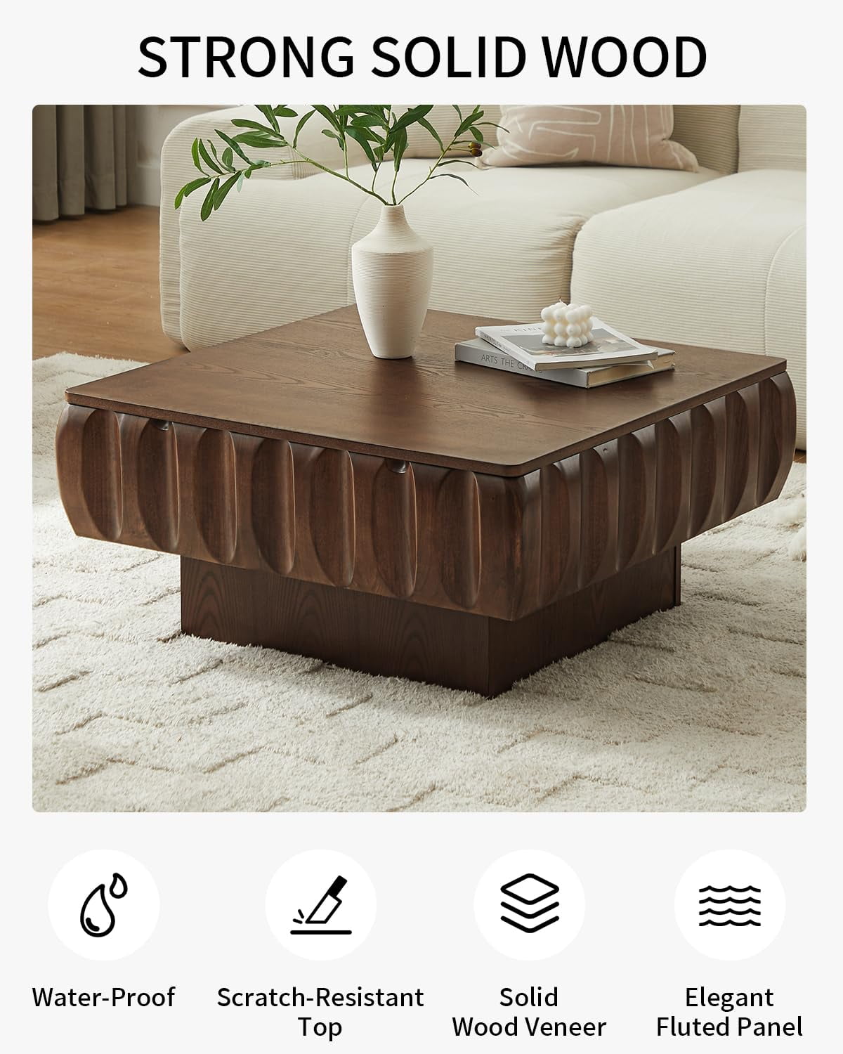 Lift Top Coffee Table with Hidden Storage, 31 inch Solid Wood Fluted Design for Small Space Living Room, Walnut