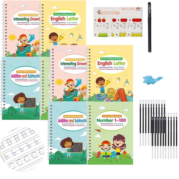 Motor Magic WorkBooks, Your Little Explorer Writing Books, Full Set 4 Book W/10 Replacement Refills 1 Pen 1 Pencil Grip, Magic Grooved Writing Practice Books (2Set)