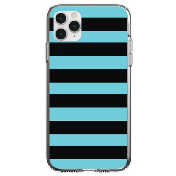 DistinctInk Clear Shockproof Hybrid Case for iPhone 12 MINI (5.4" Screen) - TPU Bumper, Acrylic Back, Tempered Glass Screen Protector - Black & Cyan Bold Horizontal Stripes