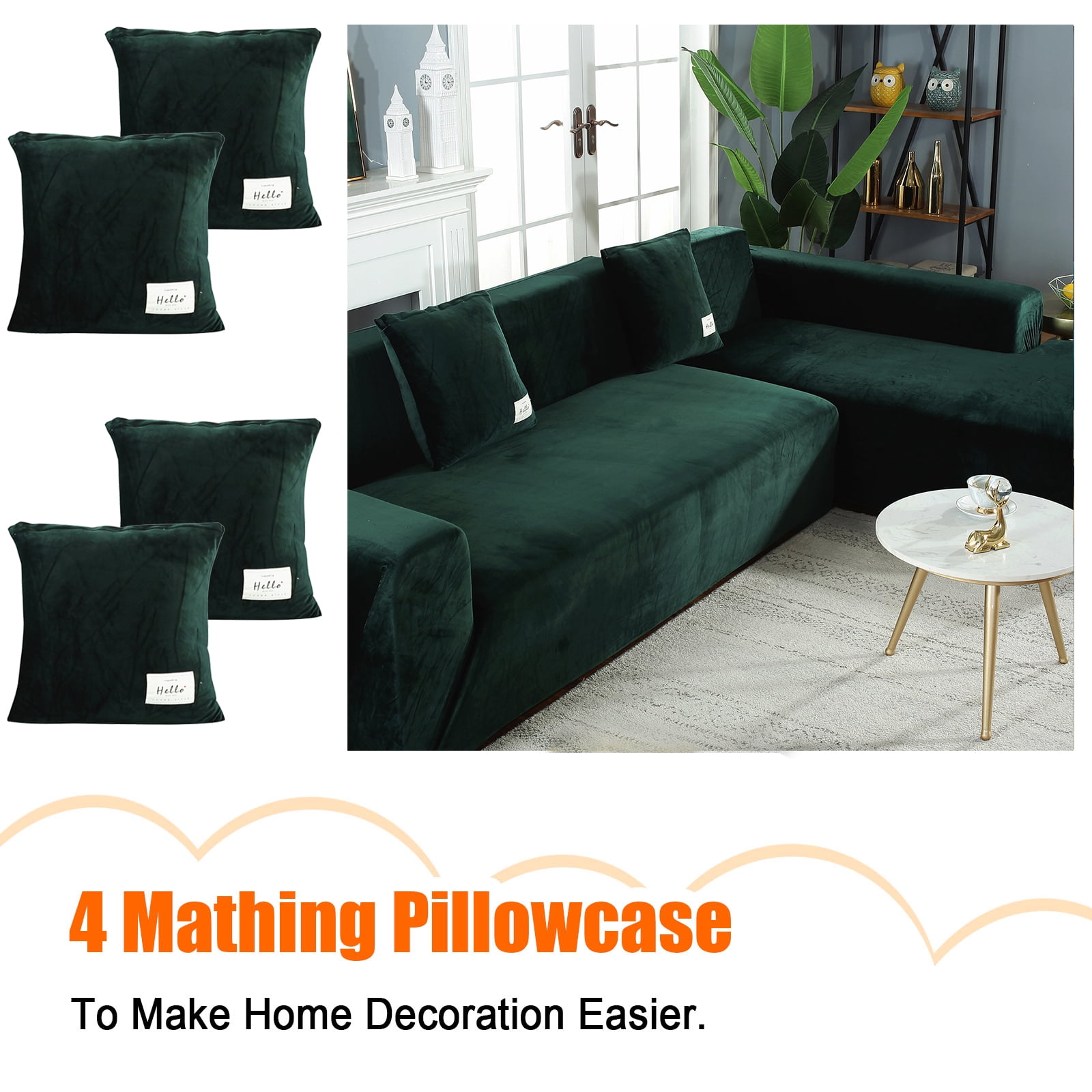 Eurhowing Velvet L-Shaped Sectional Sofa Cover with 4 Pillowcases, Stretch Soft Couch Slipcovers 3 Seater+4 Seater, Sofa Furniture Protector, Dark Green