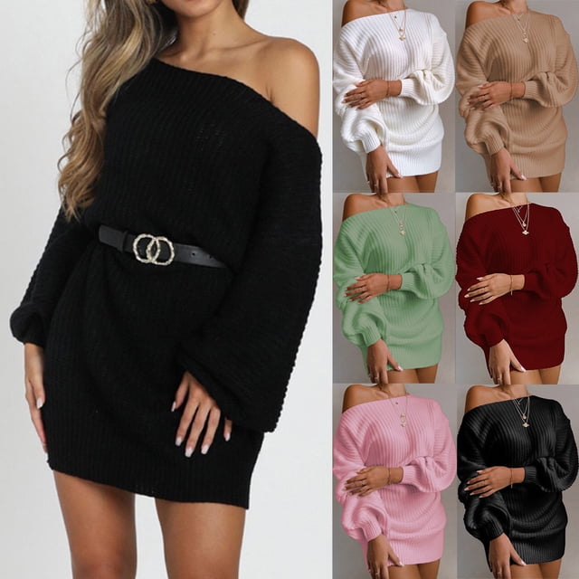 Gspmoly Robes d'Été pour Femmes, Mode Femmes Aguichant Manches Lanterne Épaules Dénudées Manches Longues Robe Chandail Robes Formelles pour Femmes Liquidation