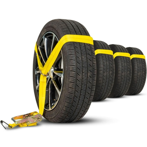 US Cargo Control Filets de Roue Latéraux avec Cliquets et Crochets Plats (Lot de 4), Sangles d'Attache Lasso pour Pneus de 14 Pouces et Plus, Résistance à la Rupture de 12 000 LBS, Sangles Lasso pour Transporteur de Voiture