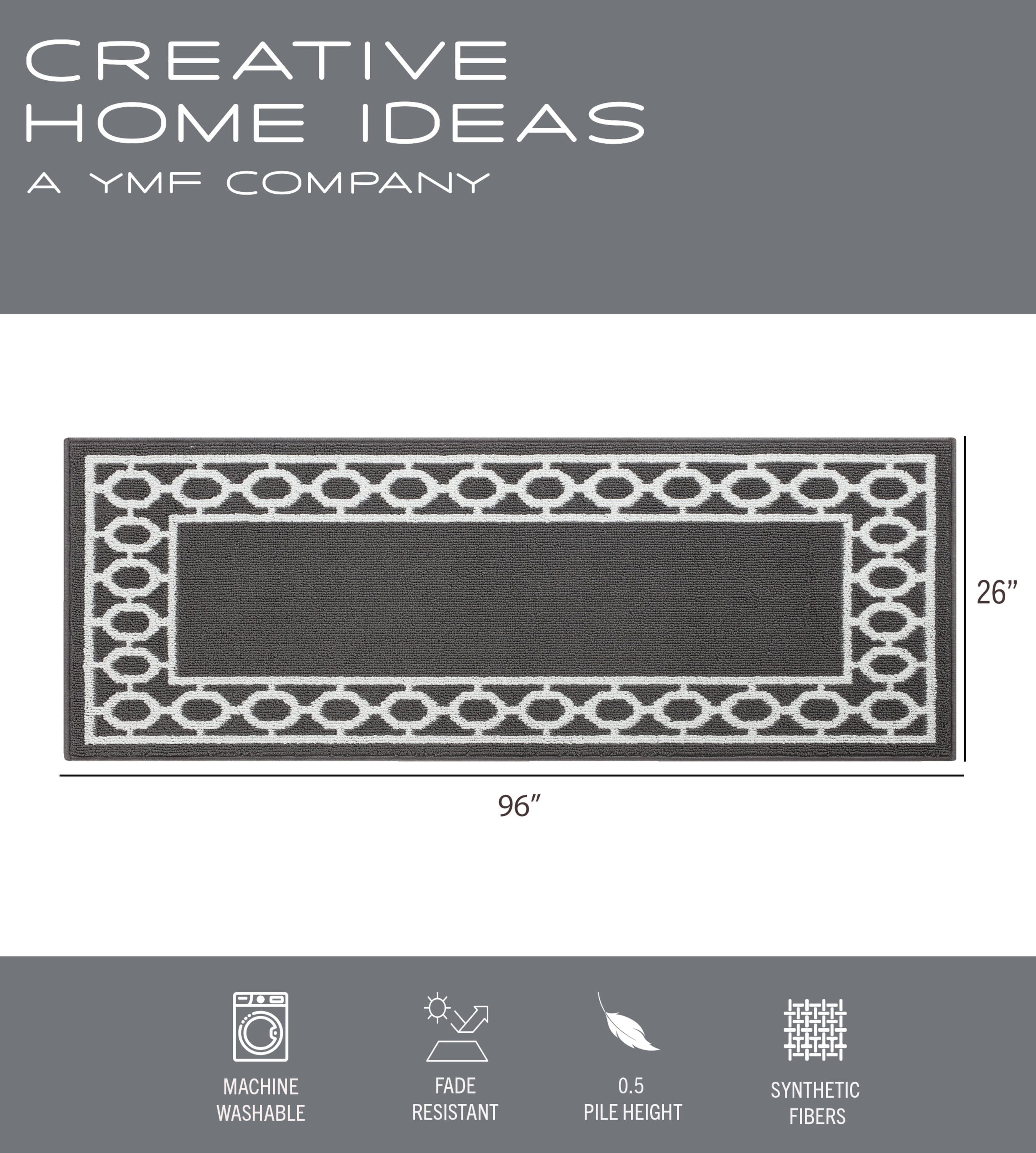Washable Skid-Resistant Runner Rug, Trellis Border, Dark Grey and White, 26" x 96"