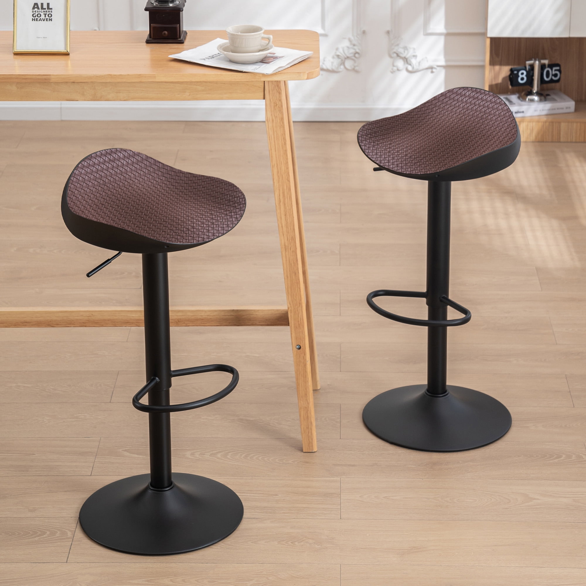 Armless Bar Stools Set of 2 Height Adjustable PU Braided Leather Seat