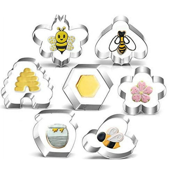 Bee Cookie Cutters Set-3 Inches-7 Piece-Bee, Beehive, Flower, Honeycomb and Honey Jar Stainless Steel Cookie Biscuit Cookie Cutters Molds for Honey Bee Party Decoration Favor