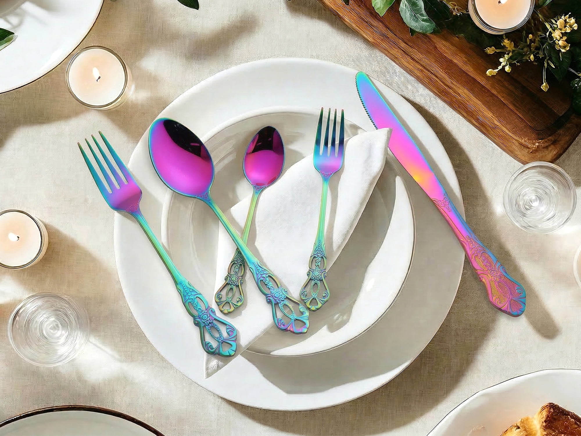 Unique Bargains 30 Piece Silverware Stainless Steel Flatware Set with Openwork Colorful