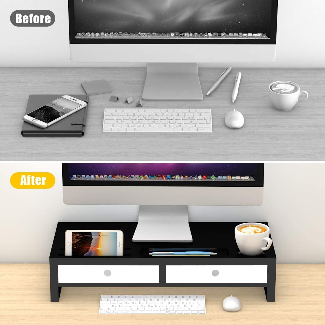 Monitor Stand Riser with Drawer - Desk Shelf Organizer Keyboard Storage Black 22" x 10.6" x 4.7"