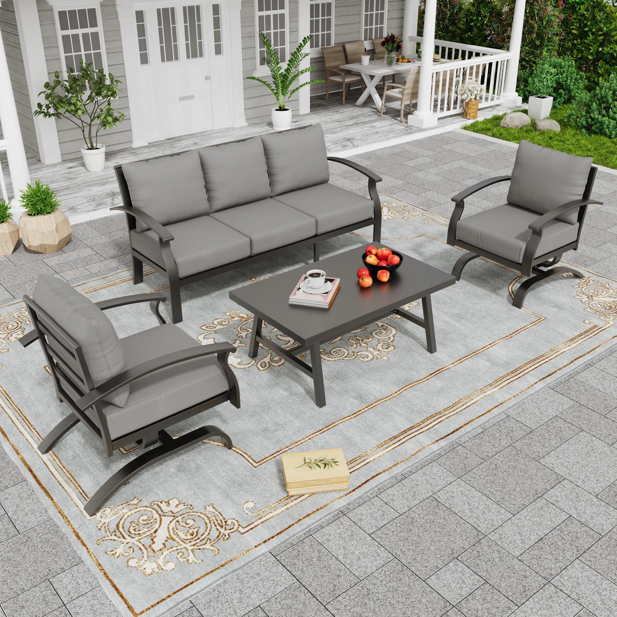Gotland Metal Patio Furniture Set, 4 Piece Outdoor Sectional Conversation Sofa Set, 3-Seat Sofa w/2 Single Sofas and Coffee Table, Garden, Porch, Balcony, Deck, Grey