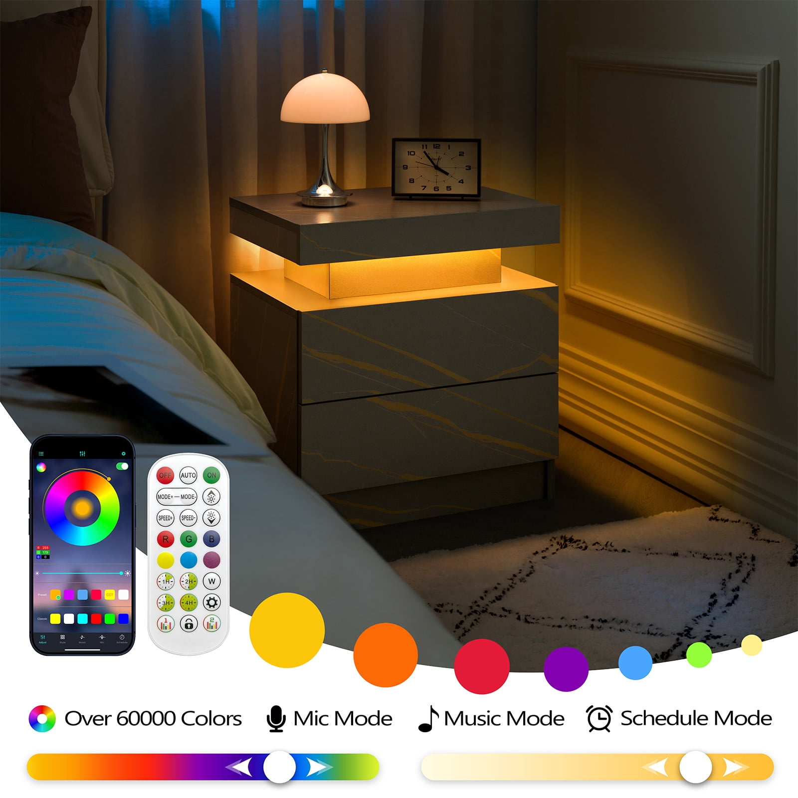 Leumius 2 Drawer Modern Nightstand with LED Light Small Bedside Tables End Side for Bedroom,Grey+Gold