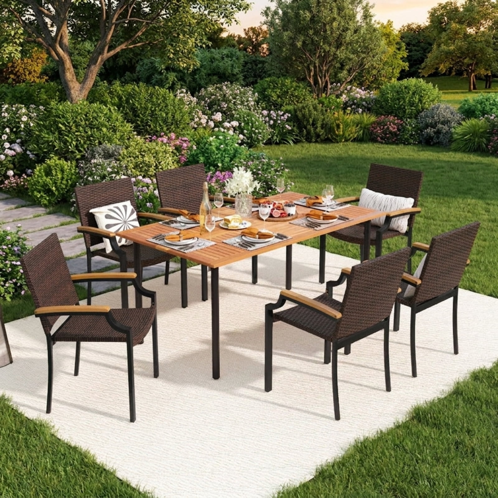 Biotree Outdoor Dining Chairs Set of 2 Stacking PE Wicker Patio Rattan Dining Chairs with Acacia Wood Armrests for Garden Backyard, Mix Brown