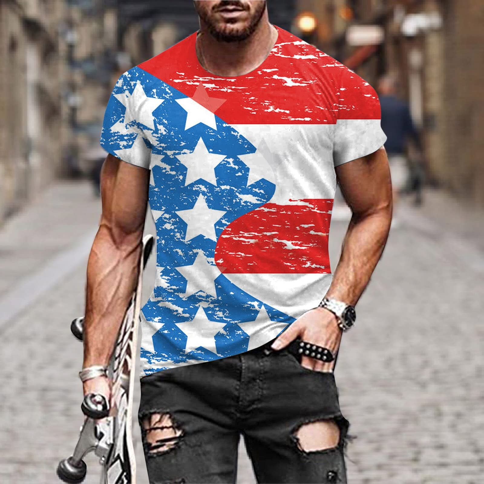 JUUYY Mens Summer Casual Popular Independence Day Round Neck Digital Flag  Printing Pullover Fitness Sports Short Sleeve T Shirt Blouse White XL