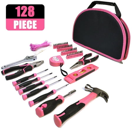 128-Piece Pink Tool Set, Tool Kit for Women whit with Easy Carrying Round Pouch, Household Tool Kit Perfect for DIY, Mini Tool Box for Home Maintenance, DIY, Gifts