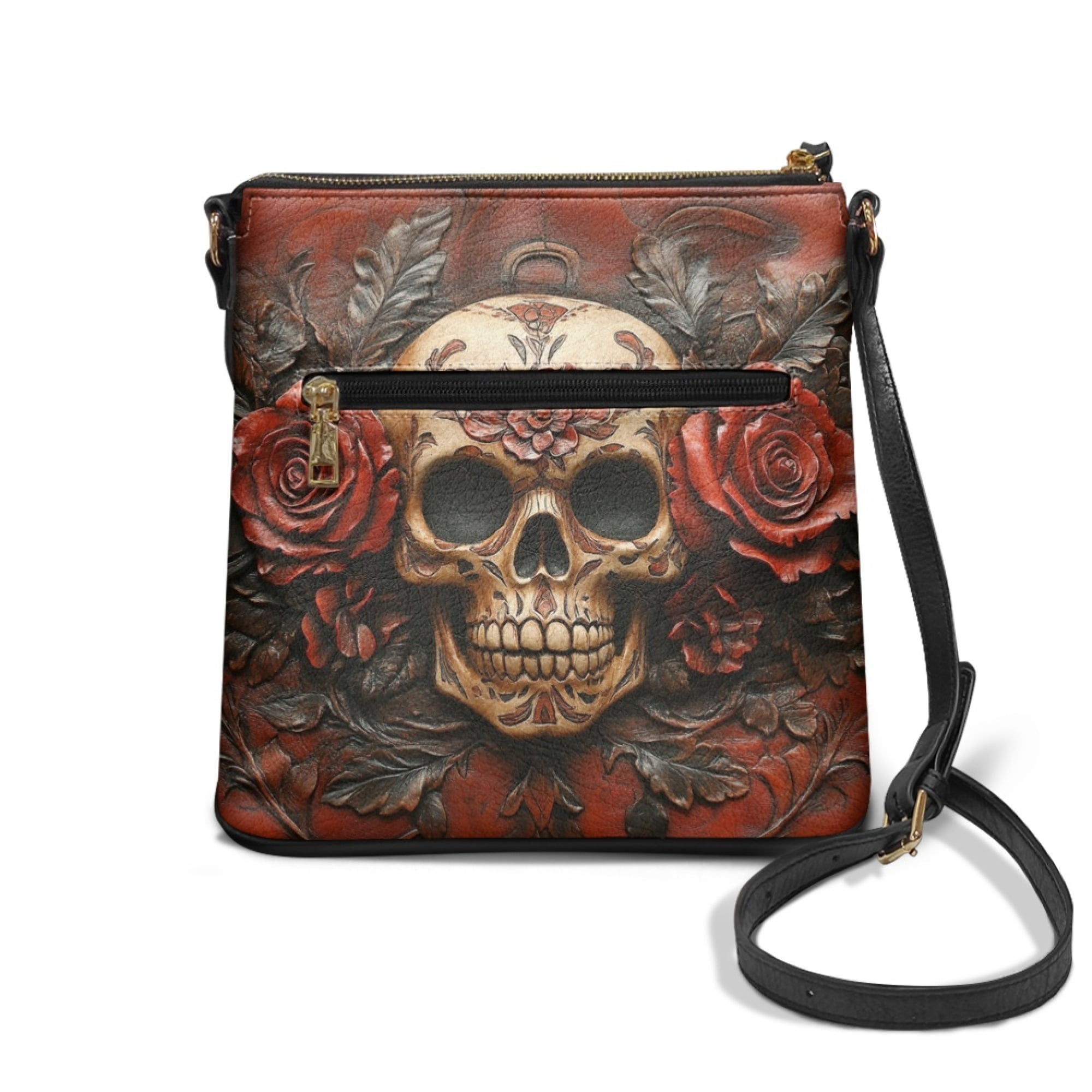 Kuiaobaty Rose Skull Print Crossbody Bag for Women, Waterproof Zipper Vegan Leather Crossbody Handbag with Adjustable Shoulder Strap Lightweight Travel Casual Hobo Purse