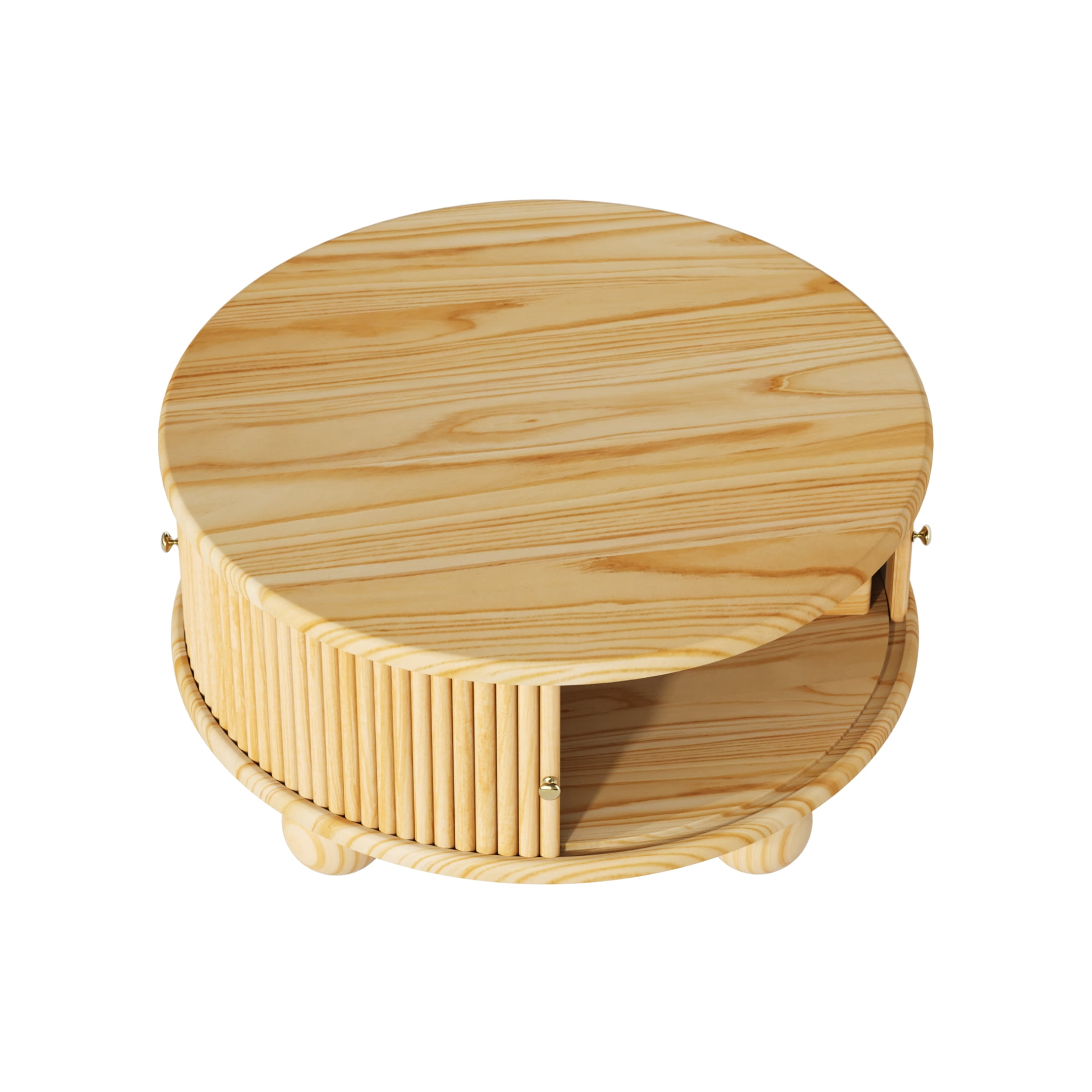 Homy Casa 31.8 in Round Fluted Wood Coffee Table with Storage Shelf for Living Room Natural Oak