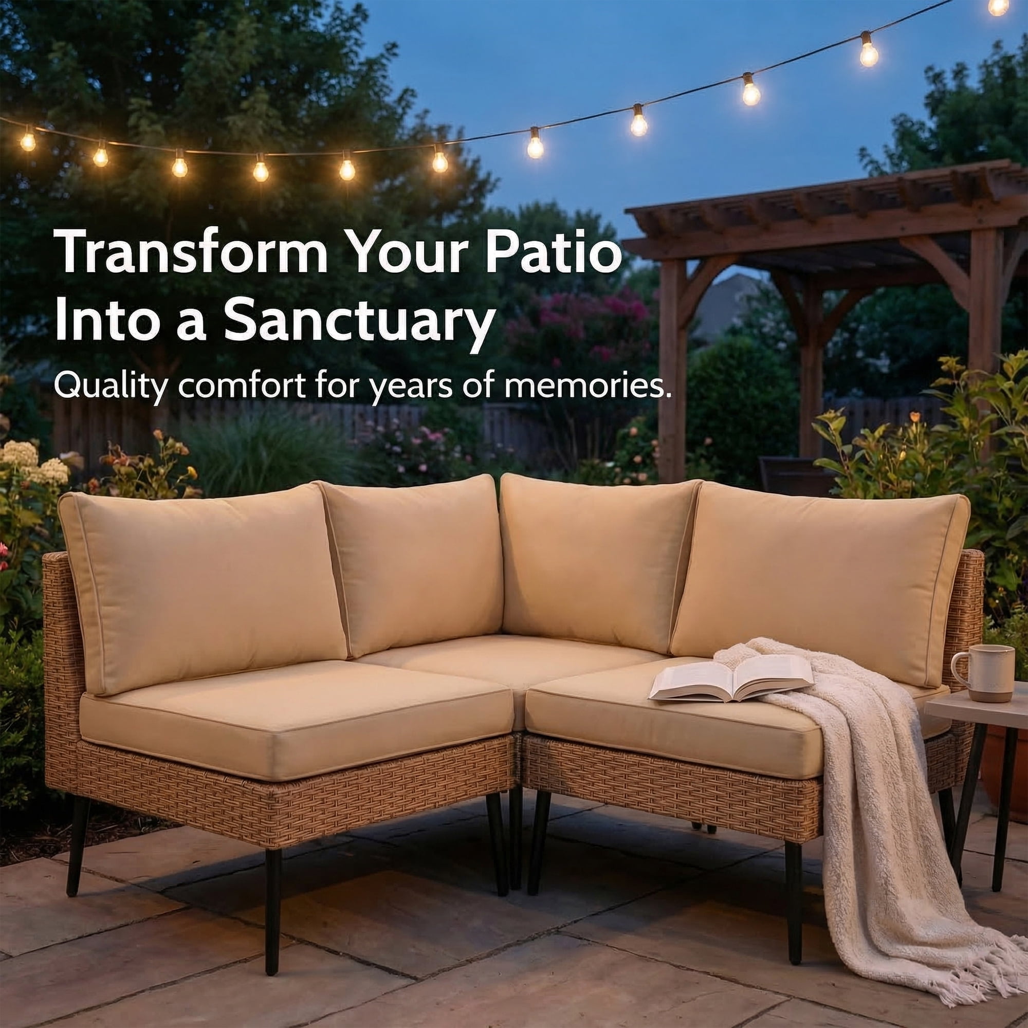 LAZZO 5-Piece Outdoor Wicker Conversation Set, All-Weather Sectional Sofa with 4 Chairs & 1 Ottoman, Khaki Cushions