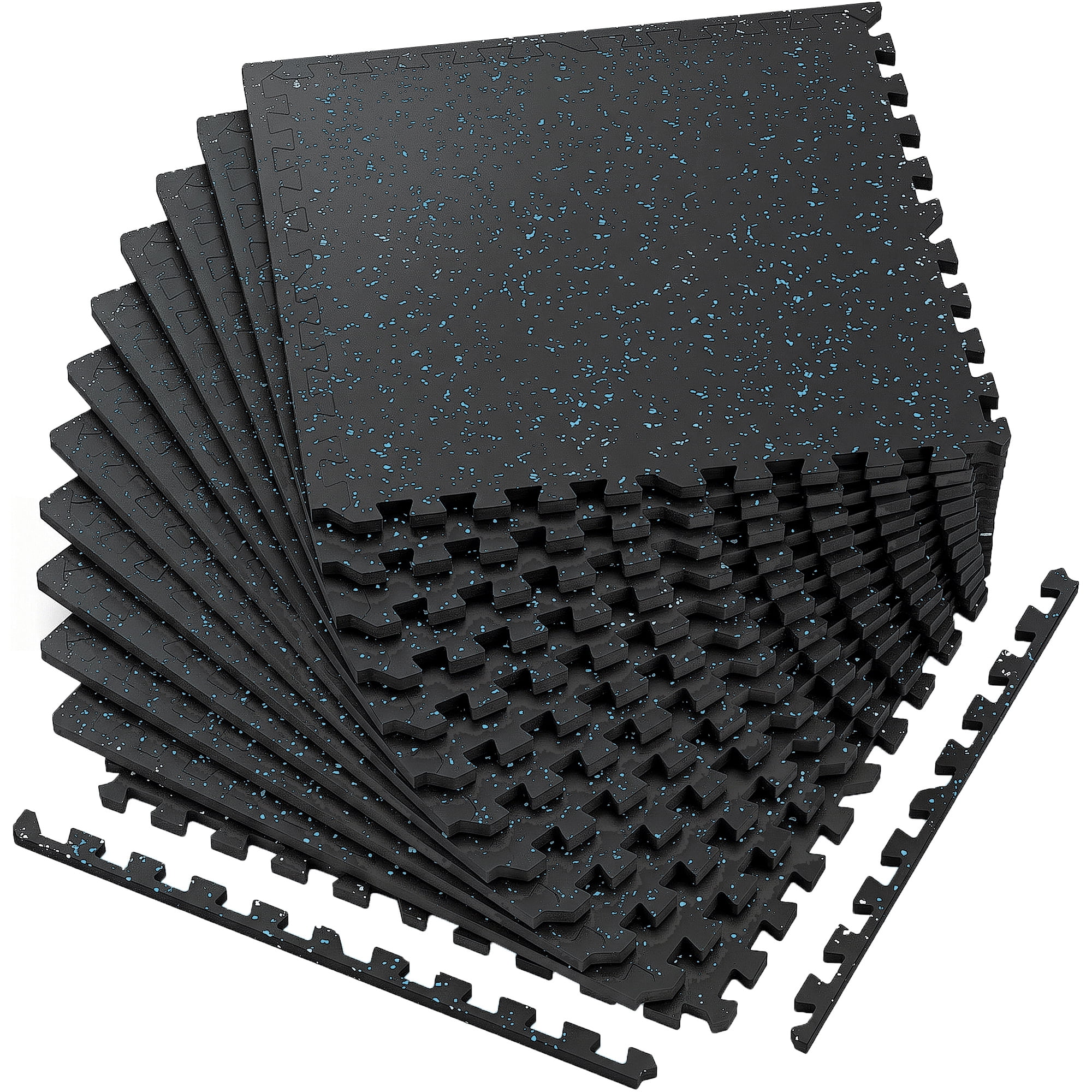 Gym Floor Mats 12-Pack 24x24 Inch with Rubber Top and EVA Foam, Interlocking Puzzle Workout Mats and Exercise Flooring for Home Garage, 48 Sq Ft, Black and Blue