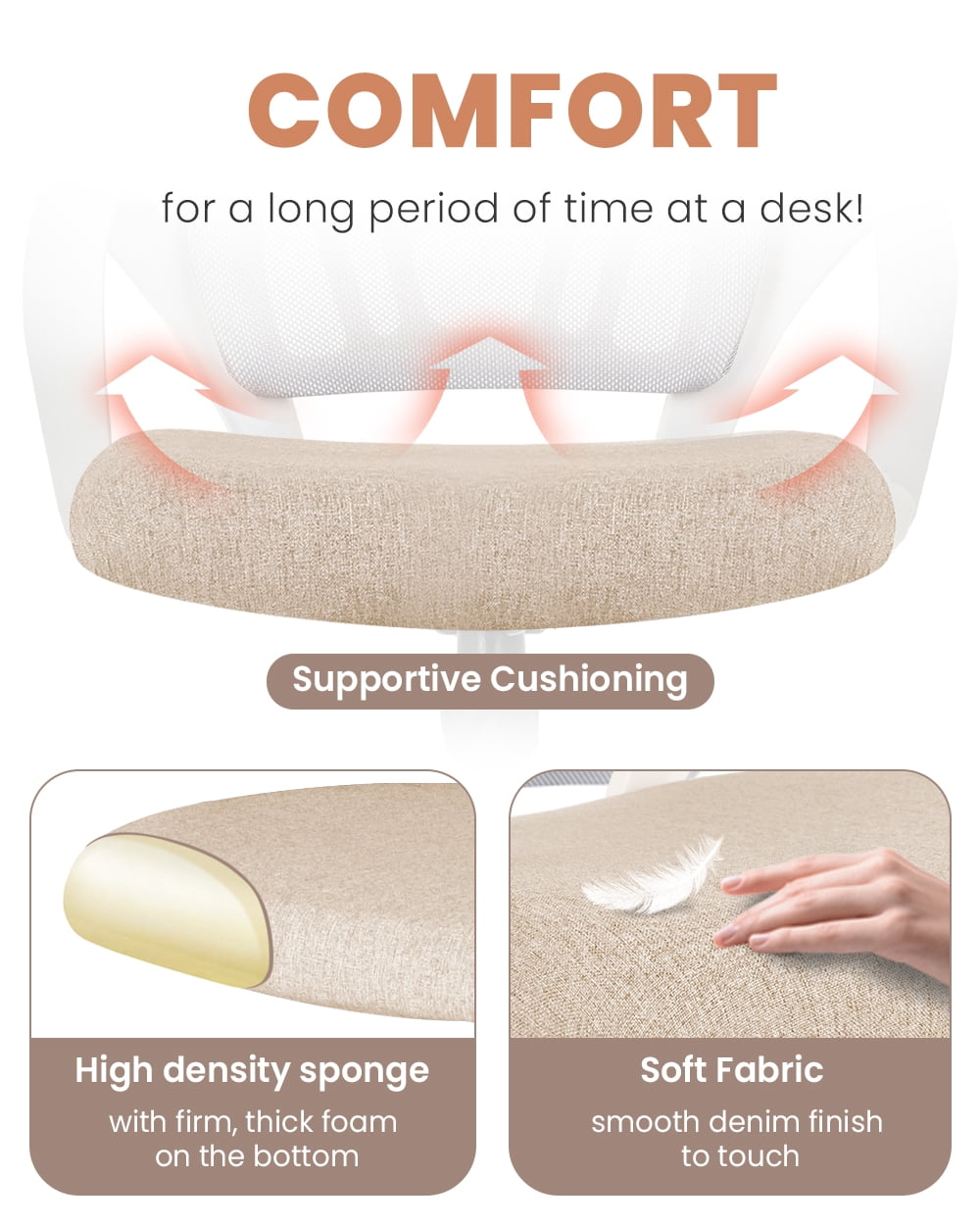 NEO CHAIR Office Desk Computer Chair Ergonomic Mesh Gaming Cushion Seat with Comfy Lumbar Mid Back Support Adjustable Height Swivel Rolling Wheels for Home Task (Beige)