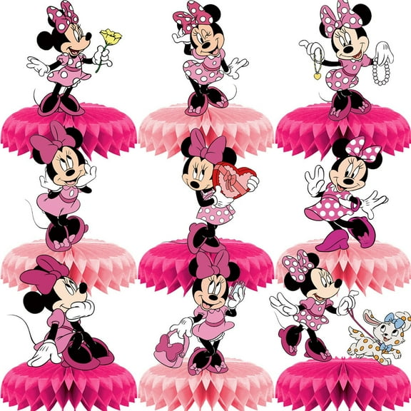 Birthday Party Table Decorations - 9 Pcs Minnie Birthday Centerpieces for Tables Rainbow Honeycomb Centerpieces Table Toppers for Girls Boys Theme Party Supplies, Photo Booth Props