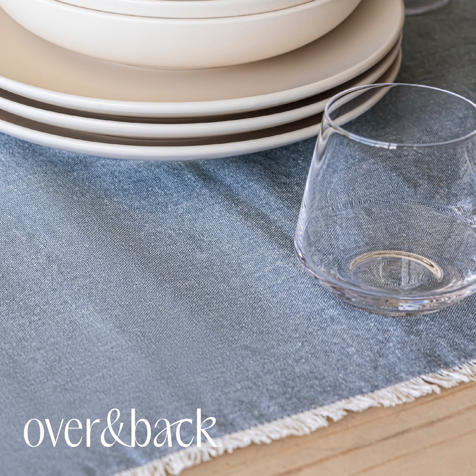 over&back 18x108 Woven Frayed Chambray Cotton Table Runner - Washable Table Runners for a Custom Home Decor Tablescape - Hand-Finished Frayed Edges - Coffee Table, Dinner Table, Living Room - Blue