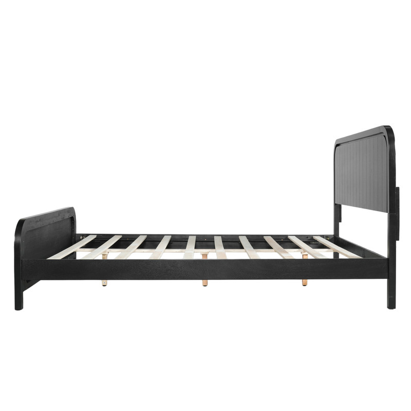 Queen Size Low Profile Bed Frame with Striped Headboard & Footboard, Wood Platform Bed with Slats Support & 7'' Under-Bed Space