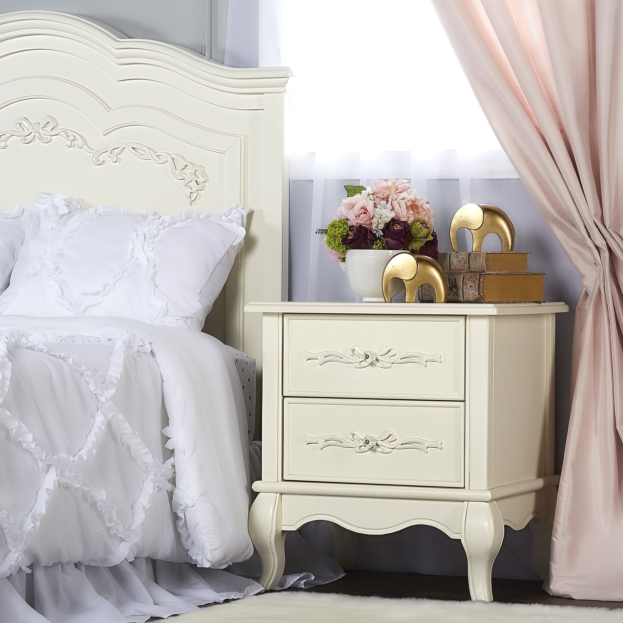 evolur Aurora Nightstand, Ivory Lace, Ample Storage