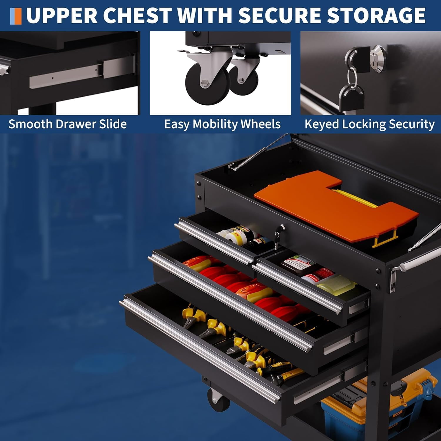 4-Drawer Rolling Tool Chest – Heavy-Duty Powder-Coated Steel Tool Box Cart with Lock and Wheels, Durable Organizer for Garage, Warehouse, Workshop, and Repair Shop