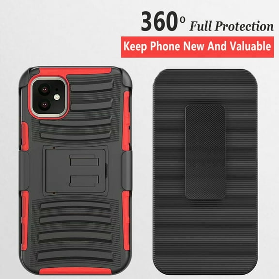 iPhone 11 Pro Phone Case, Dual Layers [Combo Holster] And Built-In Kickstand Bundled with Hybird Shockproof-Red