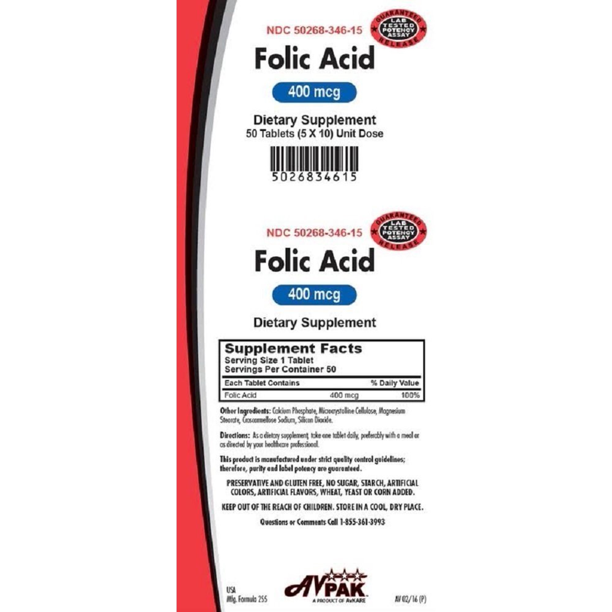 AVPak Folic Acid Tablets, 400 mcg, 50 Count