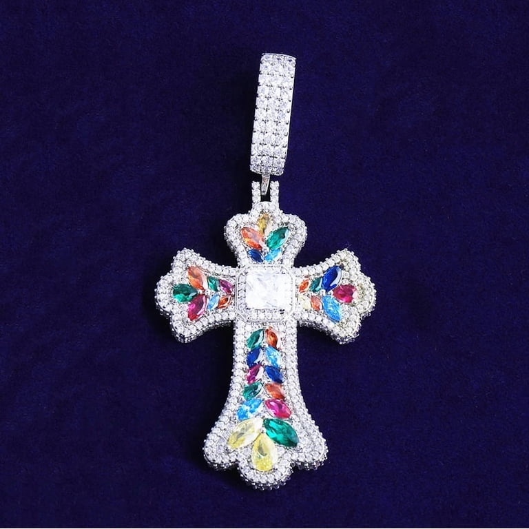 DUBSS Iced Out Colorful Cubic Zirconia Cross Necklace Pendant for DUBSS Iced Out Colorful Cubic Zirconia Cross Necklace Pendant for
