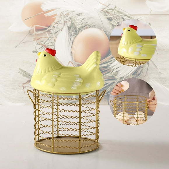 Colorful Design Eggs Basket Ceramic Chicken-Shaped Lid, Round Wire Basket Bottom And Handle