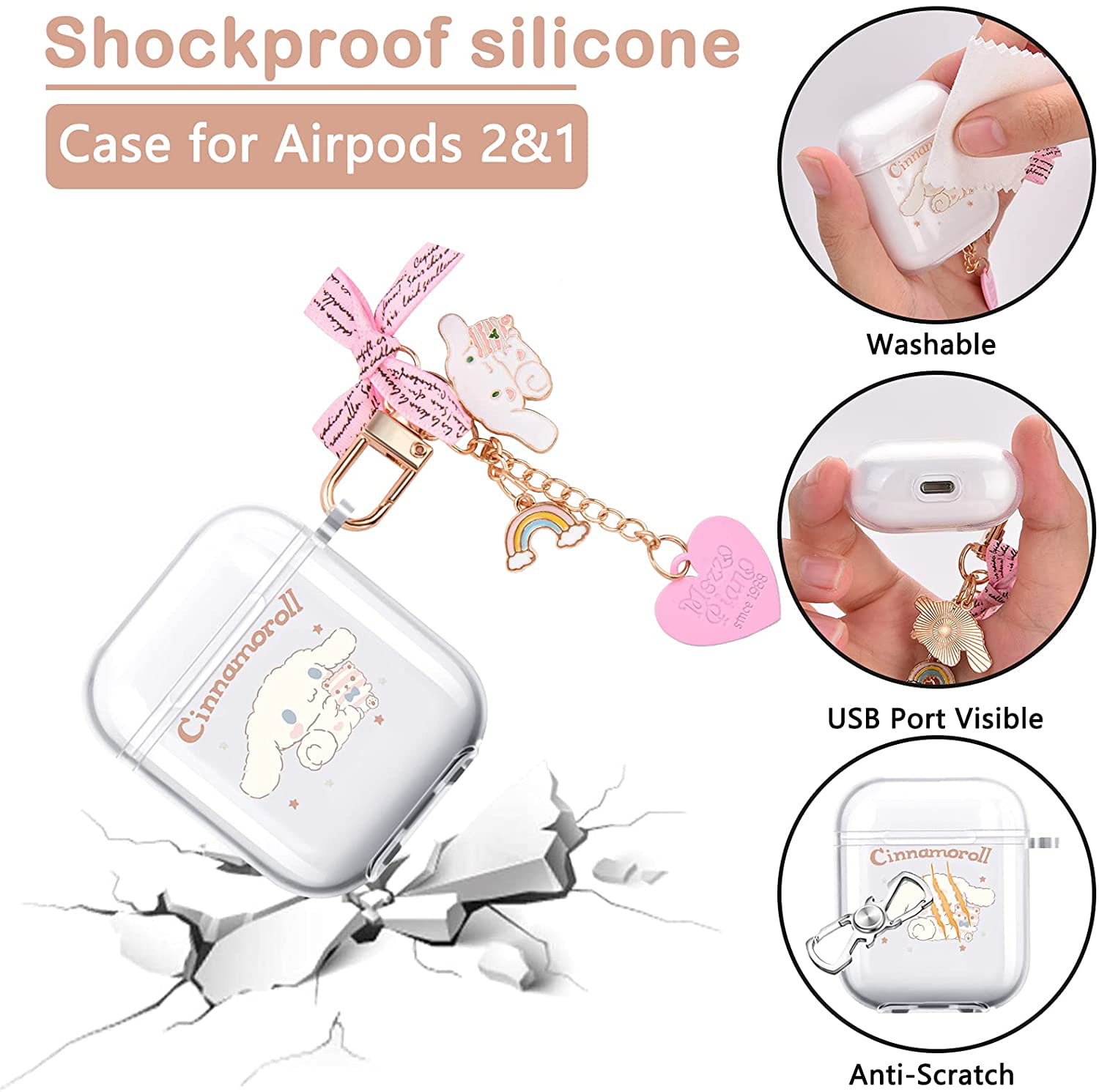 Cute AirPods Cases Big Ear White Dog Bow Keychain Clear Soft Silicone Cover Compatiable with AirPod 2&1 Case for Kids and Womens