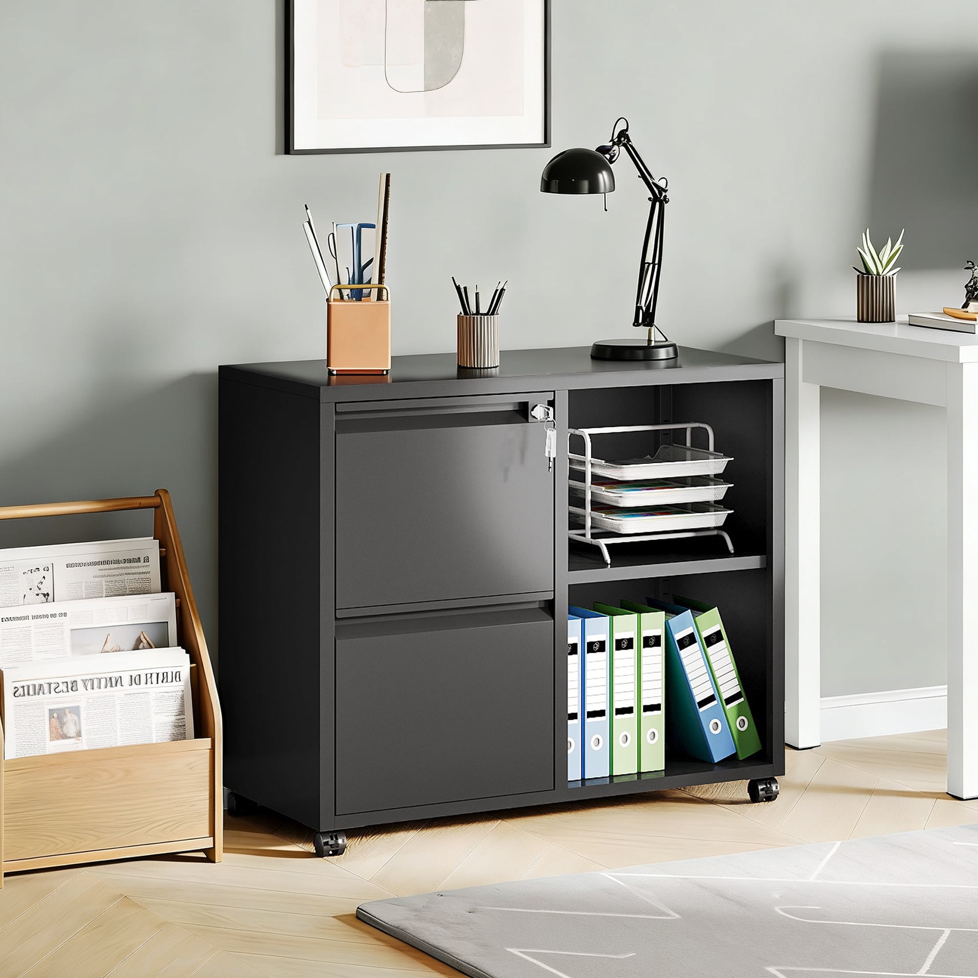 GALAXHERO 2 Drawer File Cabinet with Lock, Metal Filing Cabinet for Home Office, Rolling Printer Stand with Adjustable Shelf, Fit Letter/A4/Legal Size Files, Black