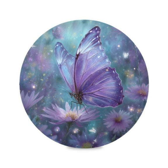 WOBOGO Purple Sparkling Butterfly Round Placemats Set of 1 Heat Resistant Washable Kitchen Table Decorations 15.4in