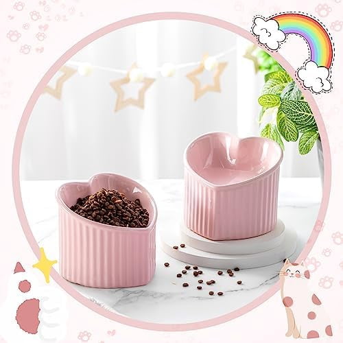 2 Pcs Ceramic Elevated Cat Bowls Tilted Elevated Raised Pet Bowls Anti Vomit Cat Dish for Indoor Stress Free Water Dish Feeder for Puppies, Heart Shaped(Pink)