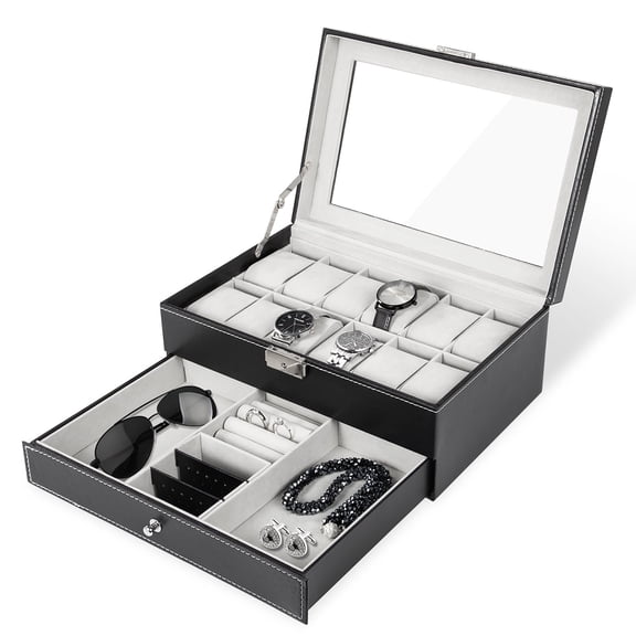 Uten 12-Slot Watch Box with Storage Drawer, PU Leather Watch Display Case & Jewelry Organizer with Gray Velvet Lining, Black