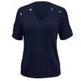 thumbnail image 5 of MIXUE Boho Tops For Women Summer Striped Print Solid Color V Neck Off Shoulder Short Sleeve Sexy Fashion T-shirts Outwear,Blue,XL, 5 of 6