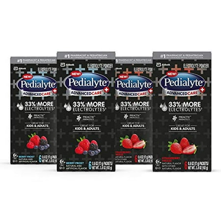 Pedialyte AdvancedCare Plus Electrolyte Powder Strawberry Freeze with 33% More Electrolytes and has PreActiv Prebiotics 0.6 oz Powder Packs, 24 Count