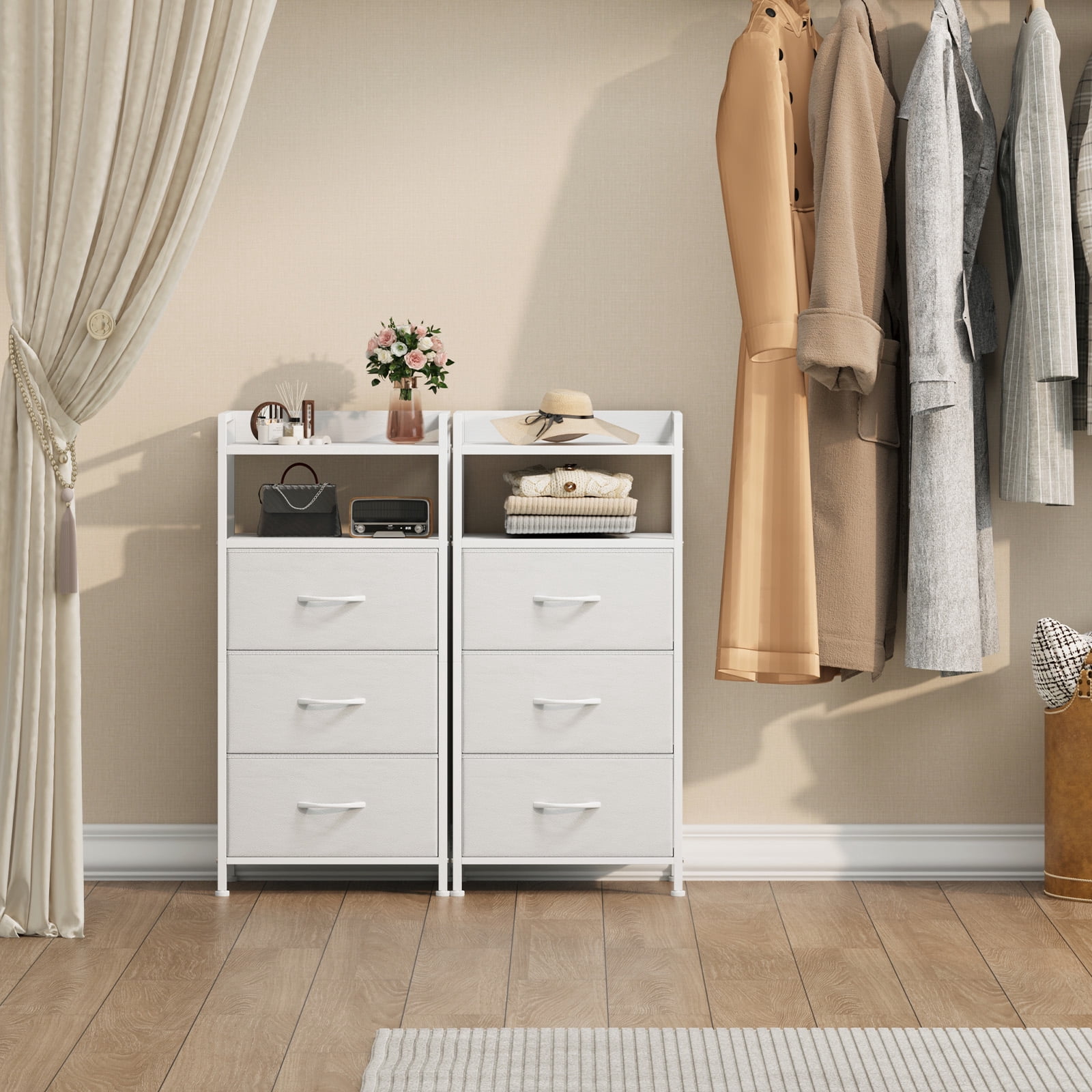 Eunos Small White Nightstand, 3 Vertical Fabric Drawer Dresser for Bedroom, Living Room, Hallway