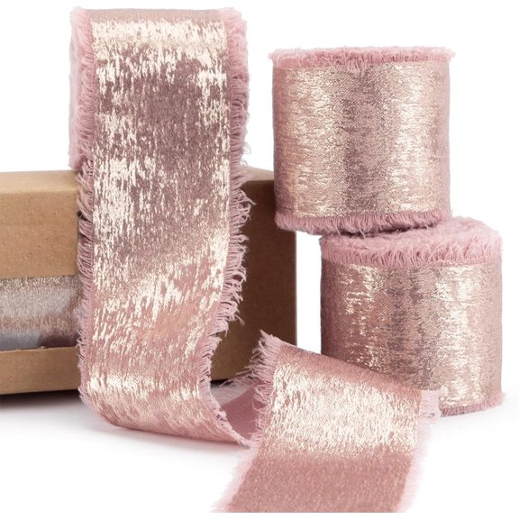 Flash Bronzing Chiffon Hand Tear Frayed Edge Ribbon for Christmas Bows Wedding Invitations Gift Wrapping DIY Craft Decorations, 1.6x177.2in