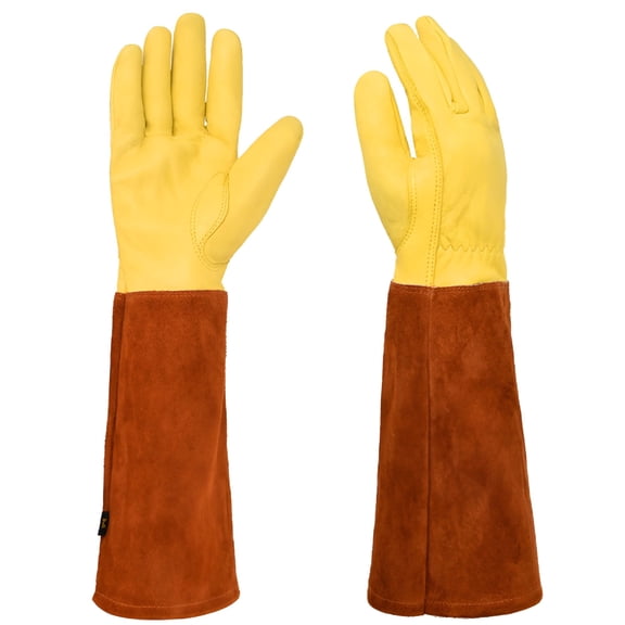TELOLY Long Gardening Gloves for Women Men, Thorn Proof Cowhide Leather Gauntlet with Long Sleeves, Rose Pruning Protector