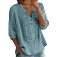 thumbnail image 2 of dgysar Womens Linen Button Blouse, 3/4 Sleeve V-Neck Casual Solid Color Lightweight Breathable Shirt Tops, Textured Natural Fabric Relaxed Fit Summer Apparel Blue S, 2 of 6