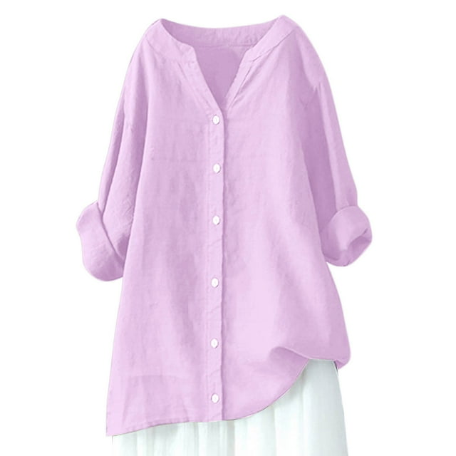Women Loose Button Down Blouses Long Sleeve Solid Casual All Occasions